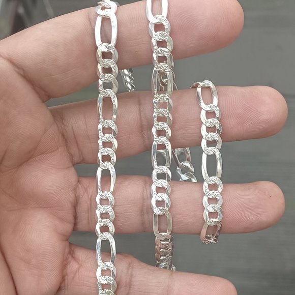 925 Sterling Silver Figaro Diamond Cut Chain